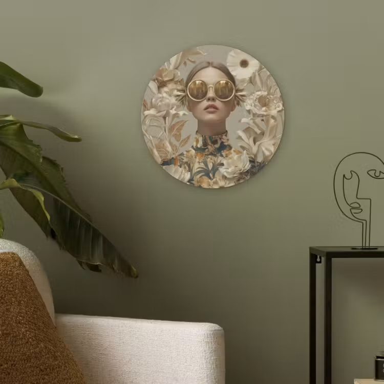 Vrouw - Bloemen - Zonnebril - Wit Akoestische PET Vilt - Rond klein -sfeer2