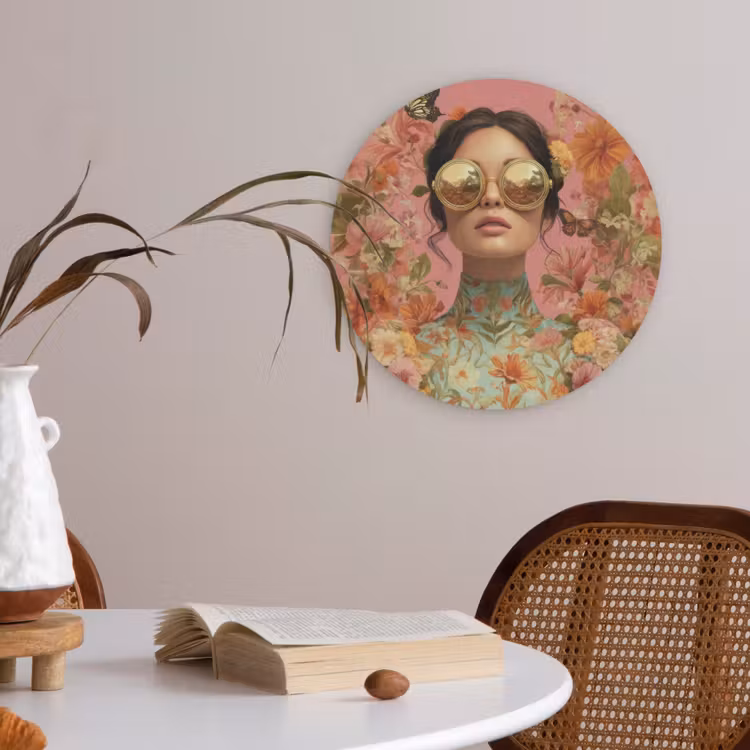 Vrouw - Bril - Roze - Bloemen Akoestische PET Vilt - Rond klein -sfeer3