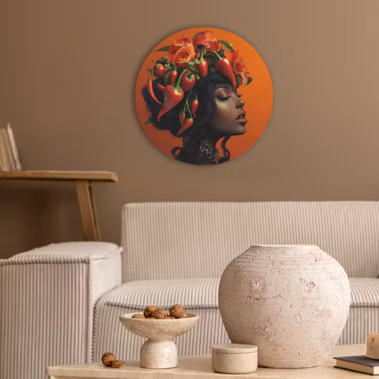 Vrouw - Chilipepers - Pepers - Bloemen Akoestische PET Vilt - Rond klein -sfeer1