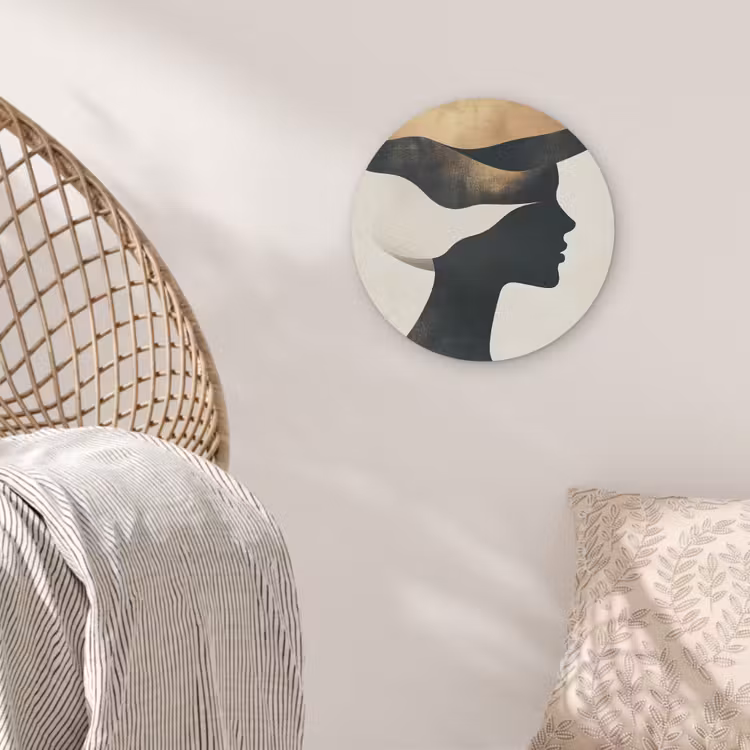Vrouw - Golven - Zwart Akoestische PET Vilt - Rond klein -sfeer4