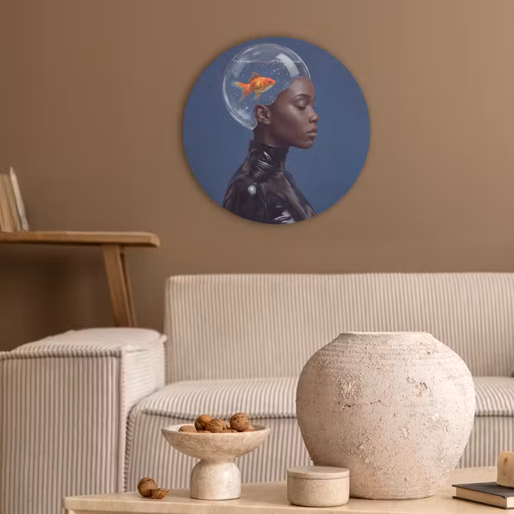Vrouw - Goudvis - Hoofd - Abstract - Blauw Akoestische PET Vilt - Rond klein -sfeer1