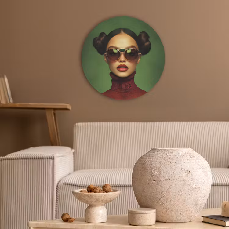 Vrouw - Groen - Bril - Aesthetic - Modern Akoestische PET Vilt - Rond klein -sfeer1