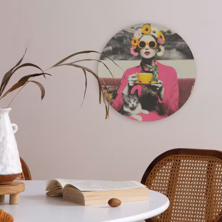 Vrouw - Kat - Bloemen - Kopje - Retro Akoestische PET Vilt - Rond klein -sfeer3