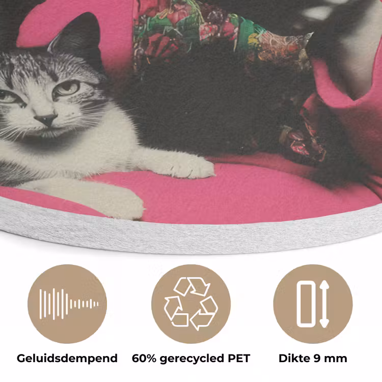 Vrouw - Kat - Bloemen - Kopje - Retro Akoestische PET Vilt - Rond klein -closeup_NL
