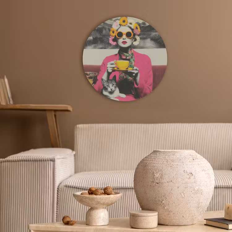 Vrouw - Kat - Bloemen - Kopje - Retro Akoestische PET Vilt - Rond klein -sfeer1