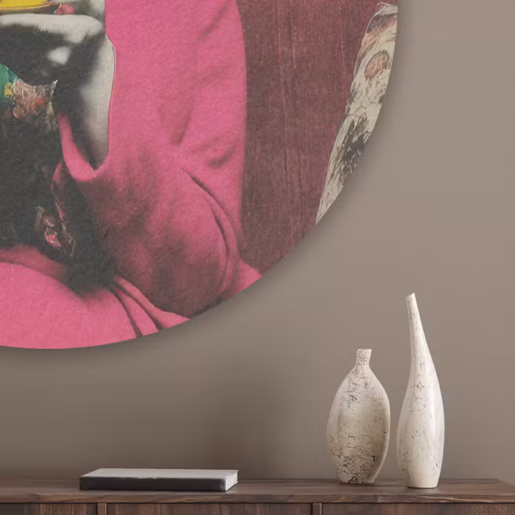 Vrouw - Kat - Bloemen - Kopje - Retro Akoestische PET Vilt - Rond klein -sfeer5_closeup