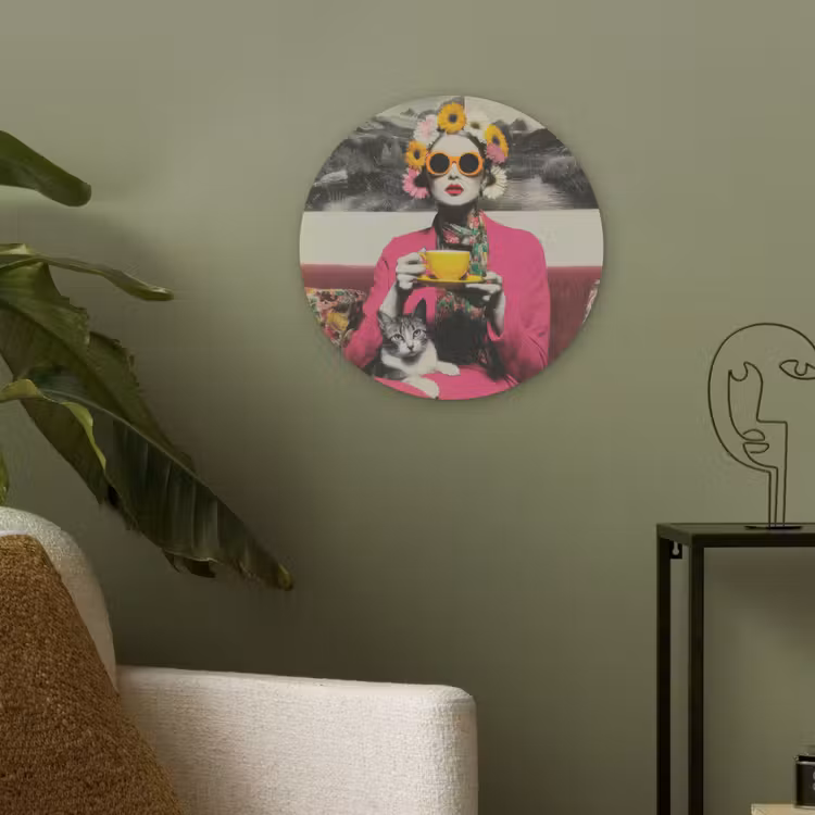 Vrouw - Kat - Bloemen - Kopje - Retro Akoestische PET Vilt - Rond klein -sfeer2
