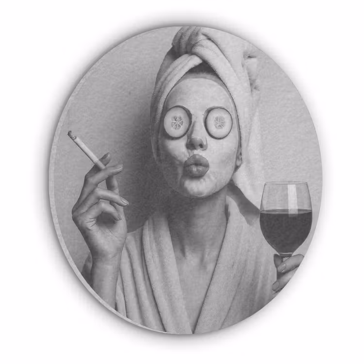 Vrouw - Masker - Wijn - Sigaret Akoestische PET Vilt - Rond klein -3d