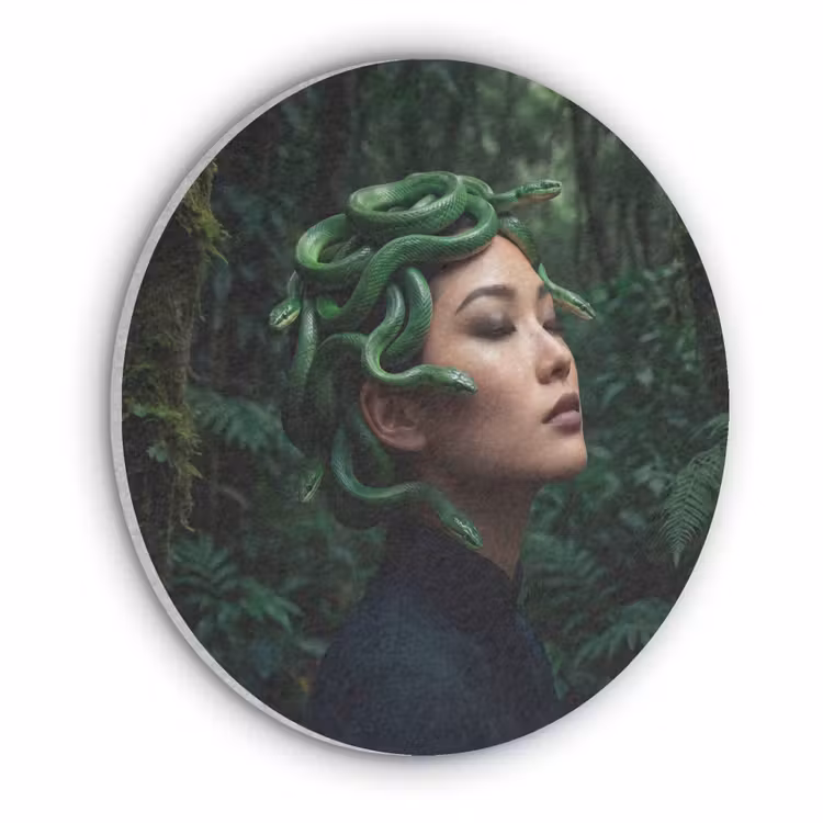 Vrouw - Slang - Natuur - Mystiek - Groen Akoestische PET Vilt - Rond klein -3d