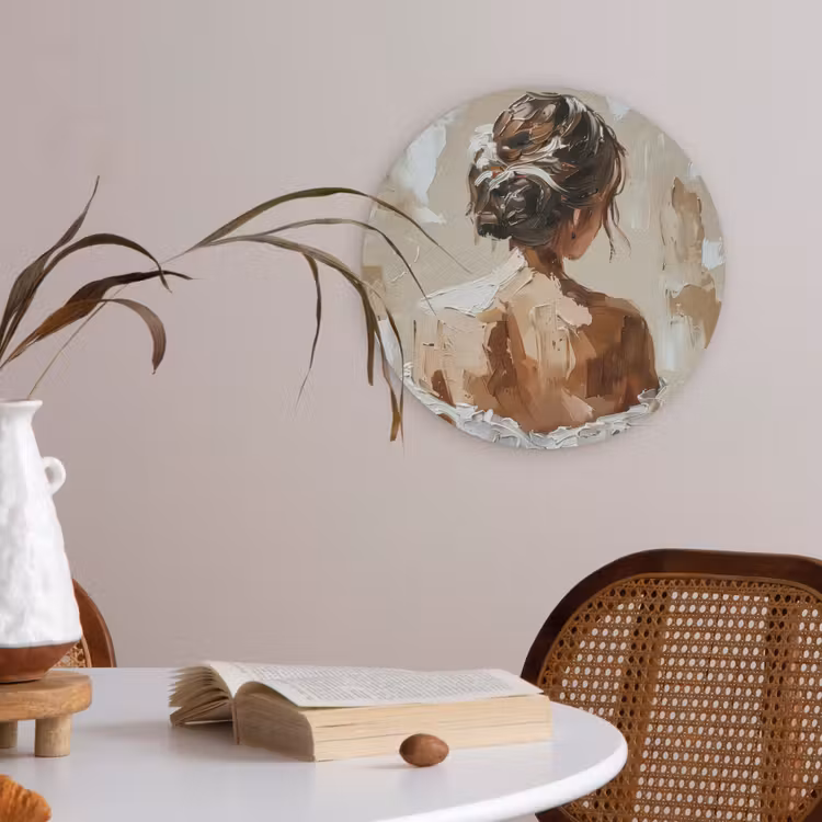 Vrouw - Verf - Abstract - Beige - Modern Akoestische PET Vilt - Rond klein -sfeer3