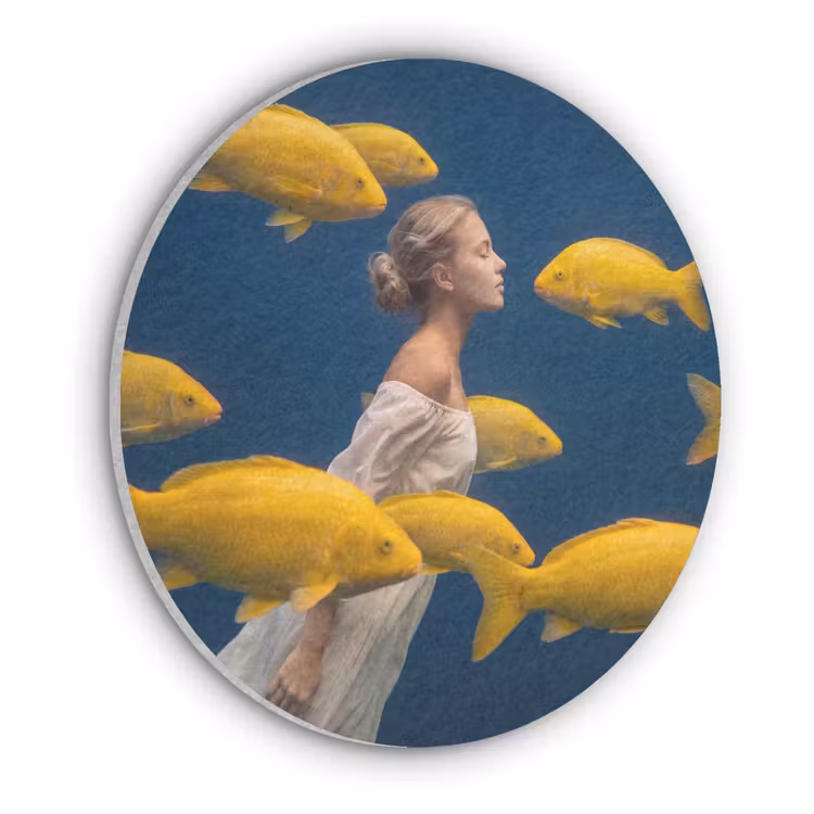 Vrouw - Vis - Water - Natuur - Geel Akoestische PET Vilt - Rond klein -3d