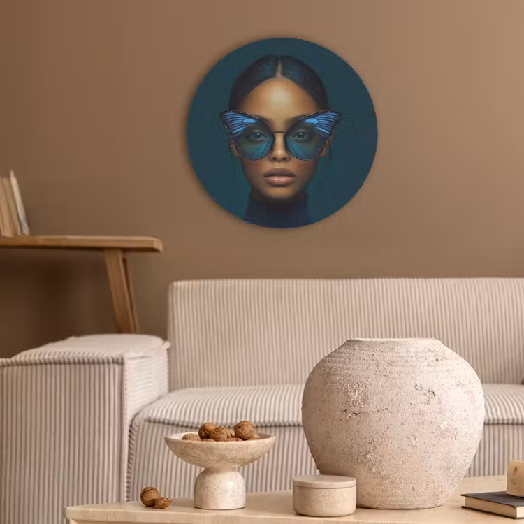 Vrouw - Vlinder - Bril - Blauw - Modern - Portret Akoestische PET Vilt - Rond klein -sfeer1