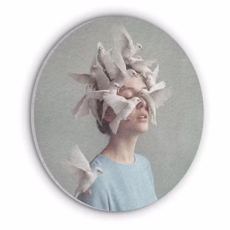 Vrouw - Vogels - Abstract - Modern - Wit Akoestische PET Vilt - Rond klein -3d
