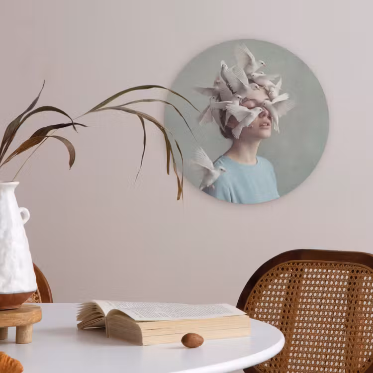 Vrouw - Vogels - Abstract - Modern - Wit Akoestische PET Vilt - Rond klein -sfeer3
