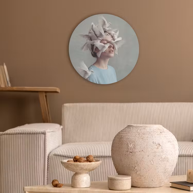 Vrouw - Vogels - Abstract - Modern - Wit Akoestische PET Vilt - Rond klein -sfeer1