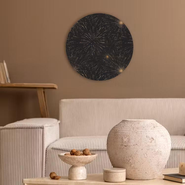 Vuurwerk - Patroon - Feestelijk - Goud - Zwart Akoestische PET Vilt - Rond klein 838 -sfeer1