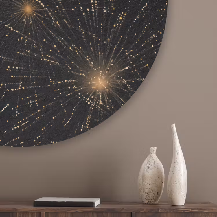 Vuurwerk - Patroon - Feestelijk - Goud - Zwart Akoestische PET Vilt - Rond klein 838 -sfeer5_closeup