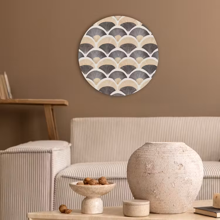 Waaier - Patroon - Zwart - Beige Akoestische PET Vilt - Rond klein 838 -sfeer1