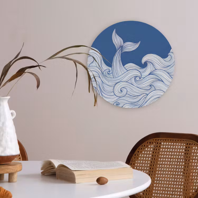 Walvis - Staart - Golven - Lijntekening - Blauw Akoestische PET Vilt - Rond klein -sfeer3