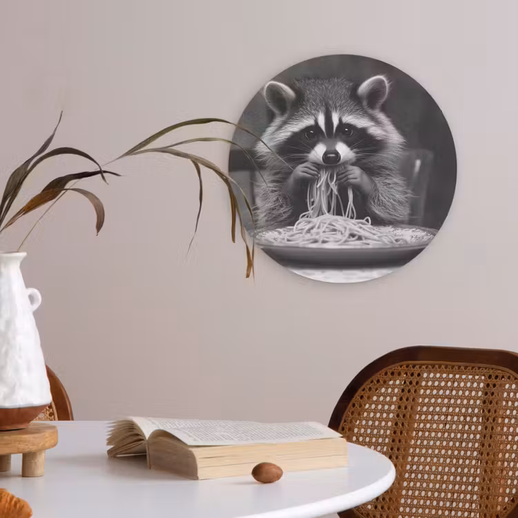 Wasbeer - Cute - Pasta - Tafelkleed - Zwart - Wit Akoestische PET Vilt - Rond klein -sfeer3