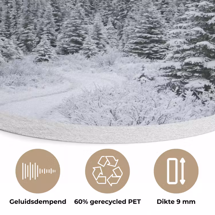 Weg - Bergen - Sneeuw - Naaldbos - Avontuurlijk Akoestische PET Vilt - Rond klein -closeup_NL