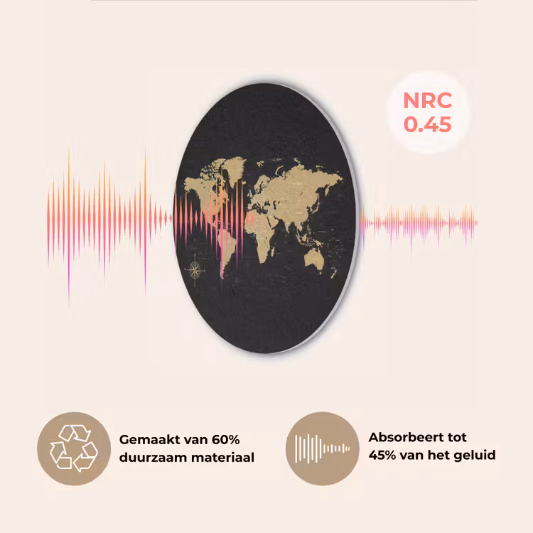 Wereldkaart - Beige - Zwart Akoestische PET Vilt - Rond klein -USP_NL