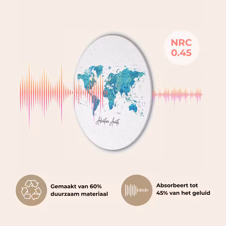 Wereldkaart - Blauw - Kleurrijk Akoestische PET Vilt - Rond klein -USP_NL