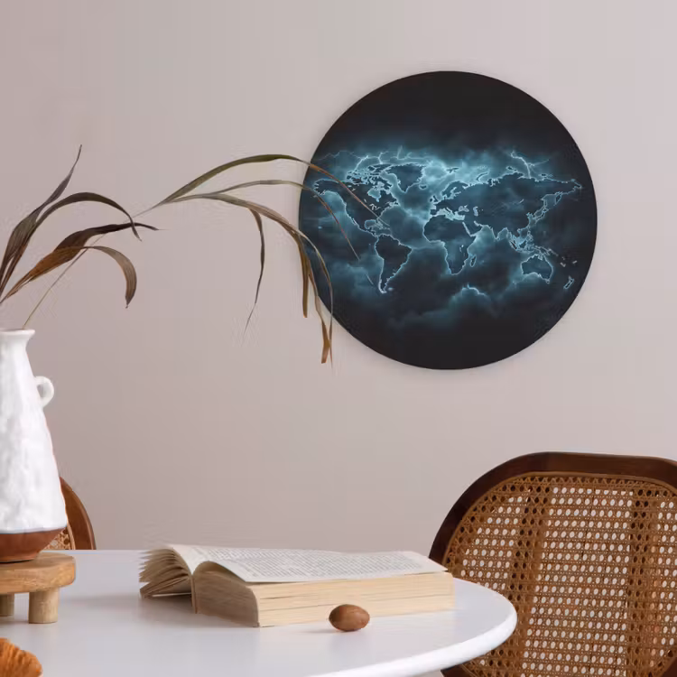 Wereldkaart - Bliksem - Blauw Akoestische PET Vilt - Rond klein -sfeer3