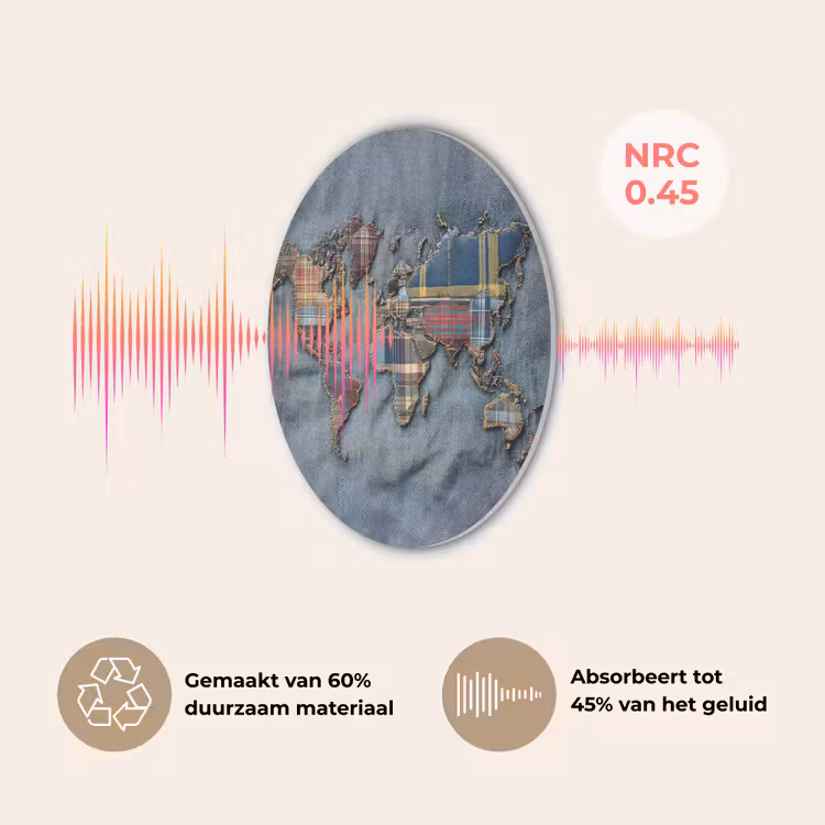 Wereldkaart - Denim - Textiel Akoestische PET Vilt - Rond klein -USP_NL