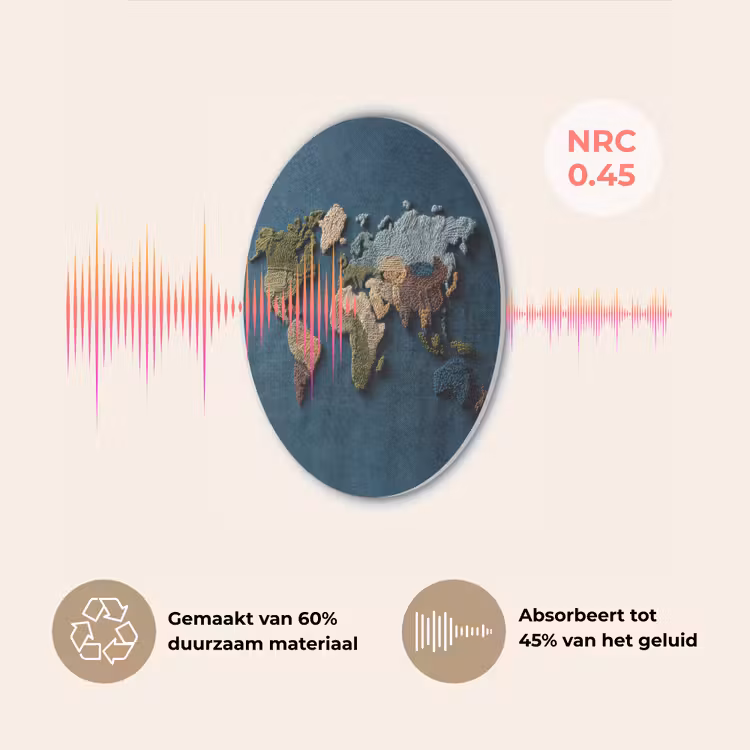 Wereldkaart - Geborduurd - Verschillende tinten Akoestische PET Vilt - Rond klein -USP_NL