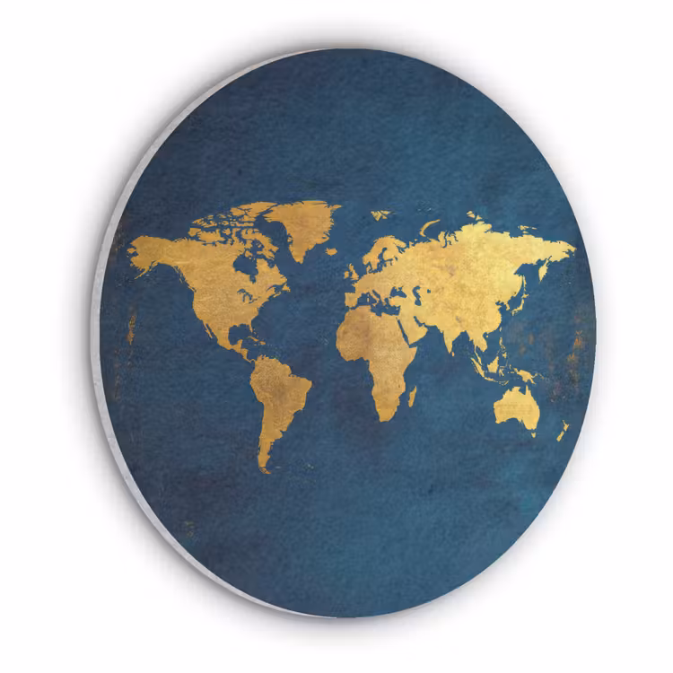 Wereldkaart - Goud - Donkerblauw Akoestische PET Vilt - Rond klein -3d