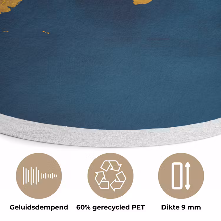 Wereldkaart - Goud - Donkerblauw Akoestische PET Vilt - Rond klein -closeup_NL