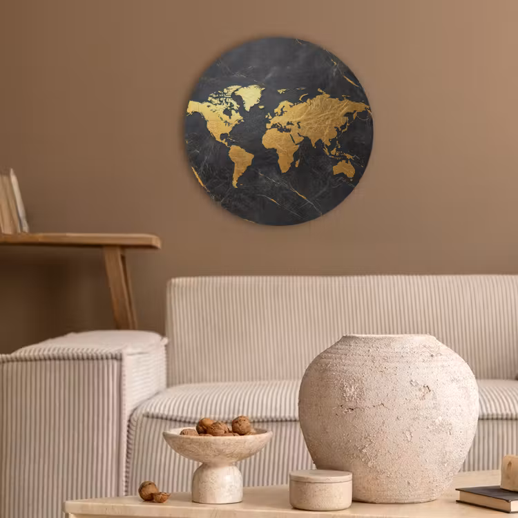 Wereldkaart - Goud - Marmer Akoestische PET Vilt - Rond klein -sfeer1