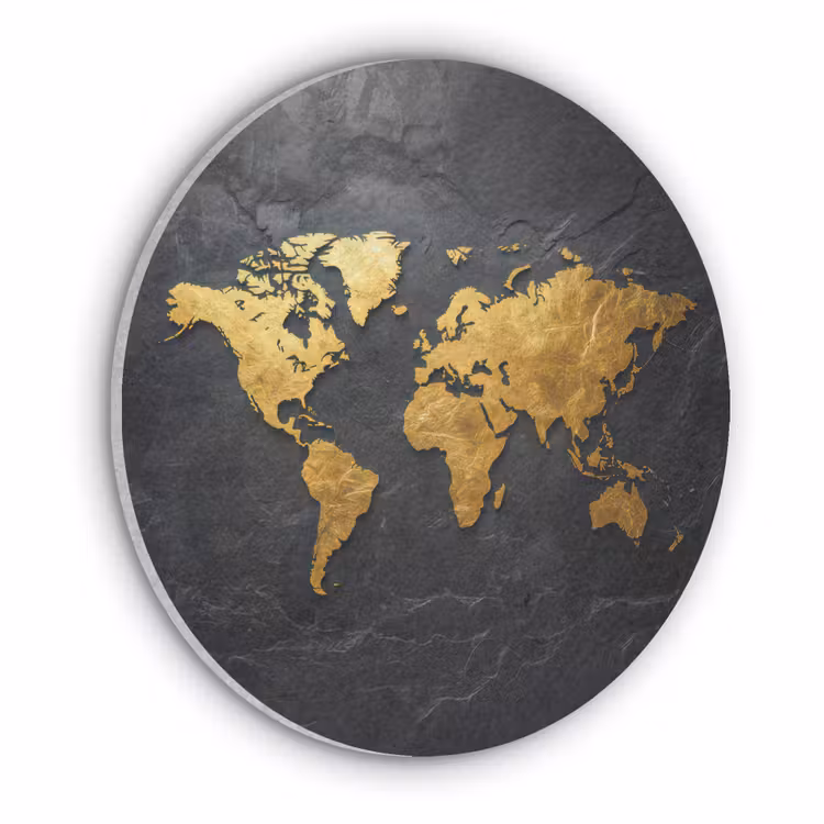 Wereldkaart - Goud - Steen Akoestische PET Vilt - Rond klein -3d