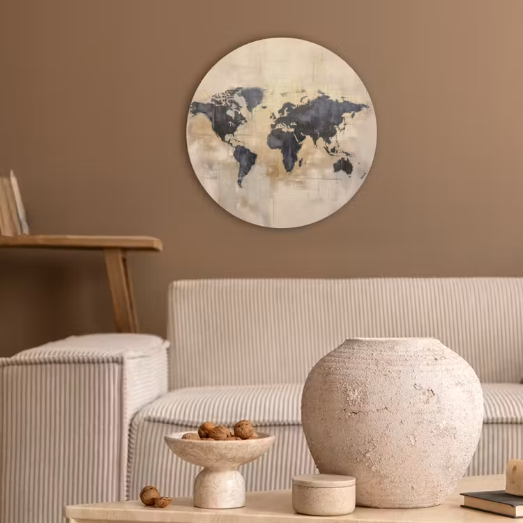 Wereldkaart - Goud - Zwart - Abstract Akoestische PET Vilt - Rond klein -sfeer1