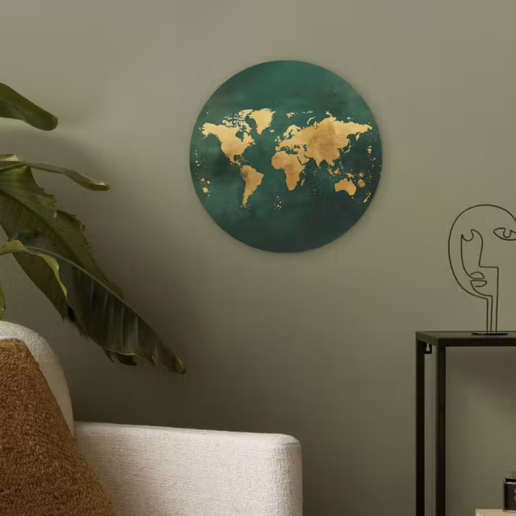 Wereldkaart - Groen - Goud Akoestische PET Vilt - Rond klein -sfeer2