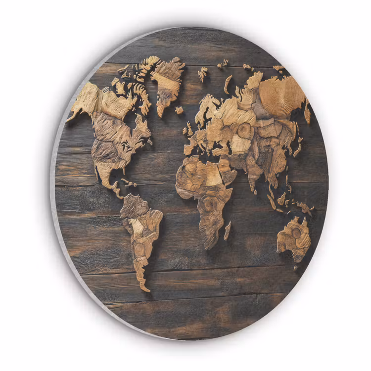 Wereldkaart -  Hout - Mozaïek Akoestische PET Vilt - Rond klein -3d