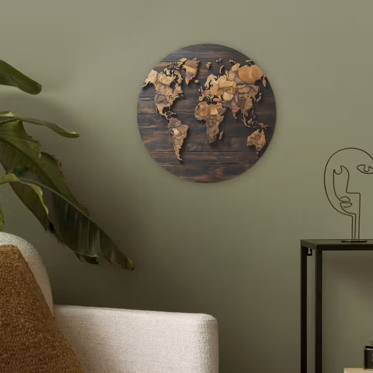 Wereldkaart -  Hout - Mozaïek Akoestische PET Vilt - Rond klein -sfeer2