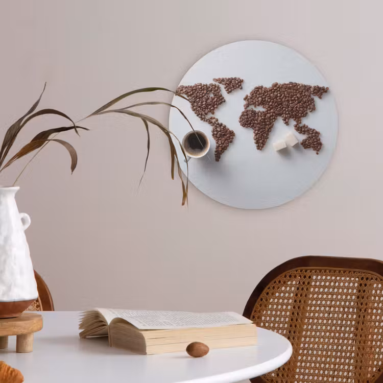 Wereldkaart - Koffiebonen - Suikerklontjes Akoestische PET Vilt - Rond klein -sfeer3