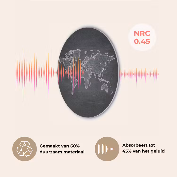 Wereldkaart - Krijt - Zwart - minimalistisch Akoestische PET Vilt - Rond klein -USP_NL