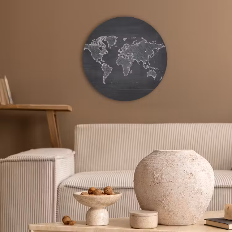 Wereldkaart - Krijt - Zwart - minimalistisch Akoestische PET Vilt - Rond klein -sfeer1