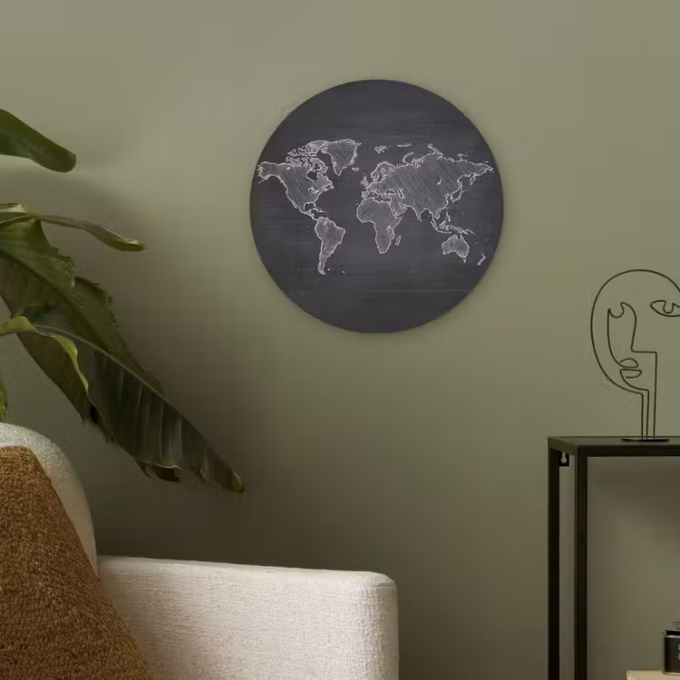 Wereldkaart - Krijt - Zwart - minimalistisch Akoestische PET Vilt - Rond klein -sfeer2