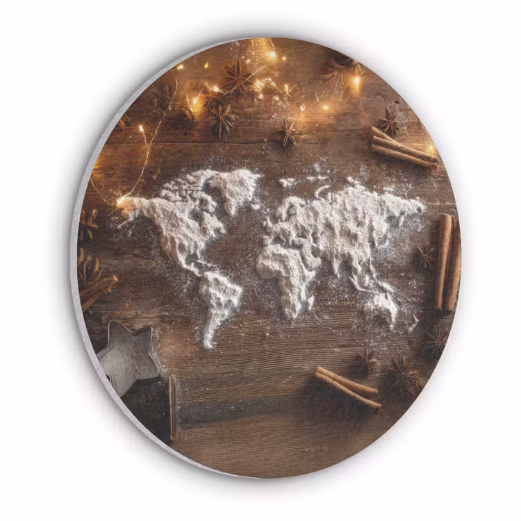 Wereldkaart - Poedersuiker - Hout Akoestische PET Vilt - Rond klein -3d