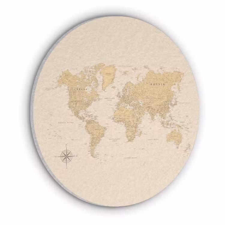 Wereldkaart - Realistisch - Beige Akoestische PET Vilt - Rond klein -3d
