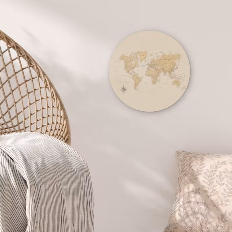 Wereldkaart - Realistisch - Beige Akoestische PET Vilt - Rond klein -sfeer4