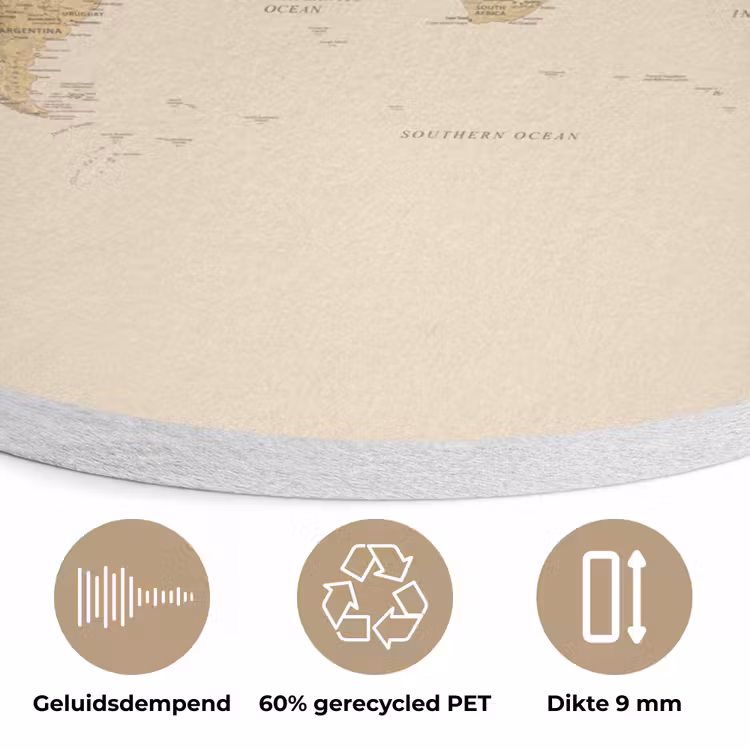 Wereldkaart - Realistisch - Beige Akoestische PET Vilt - Rond klein -closeup_NL