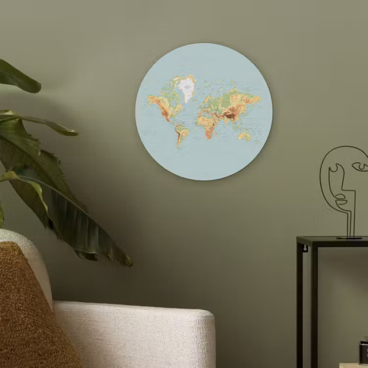Wereldkaart - Realistisch - Blauw Akoestische PET Vilt - Rond klein -sfeer2