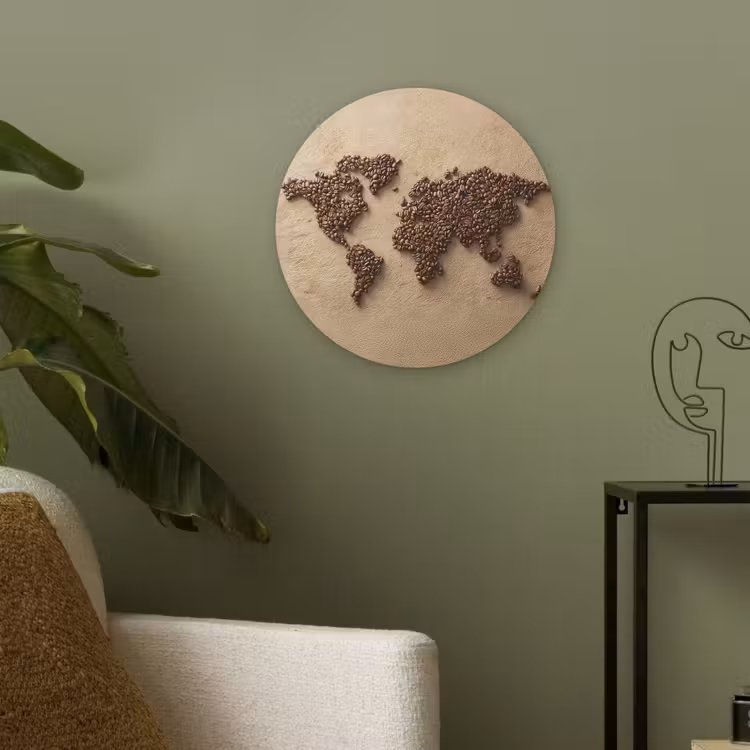 Wereldkaart - Zandkleur - Koffiebonen Akoestische PET Vilt - Rond klein -sfeer2