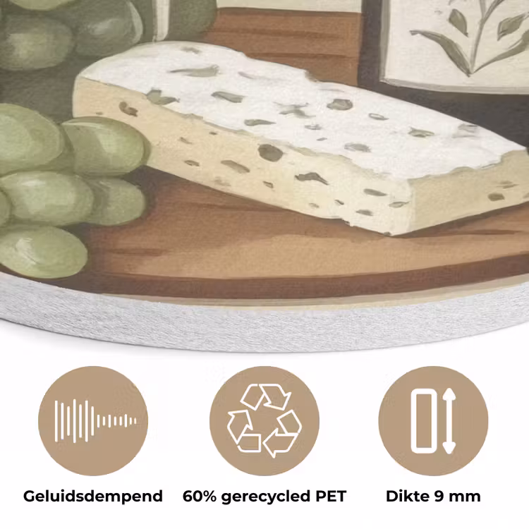 Wijn - Druiven - Kaas - Bladeren Akoestische PET Vilt - Rond klein -closeup_NL