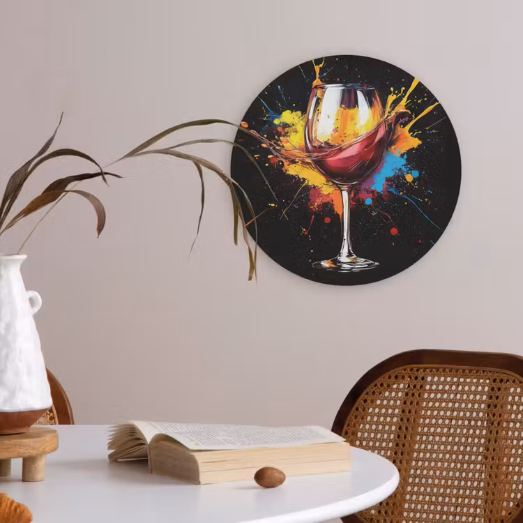 Wijn - Glas - Graffiti - Borrel - Rood - Verf Akoestische PET Vilt - Rond klein -sfeer3
